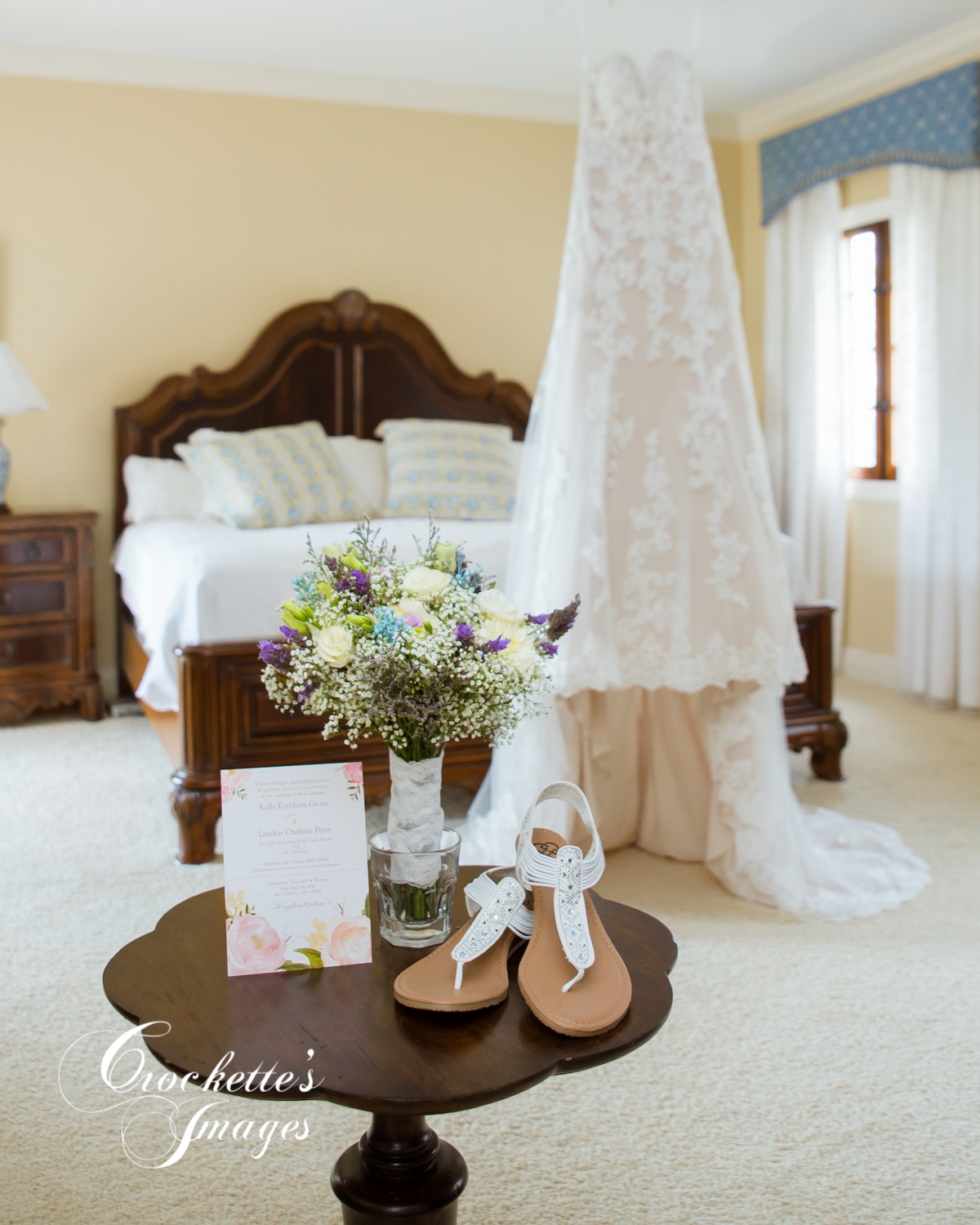 Wedding Details Photo with Wedding Dress, Wedding Flowers, Invitation, and Shoes