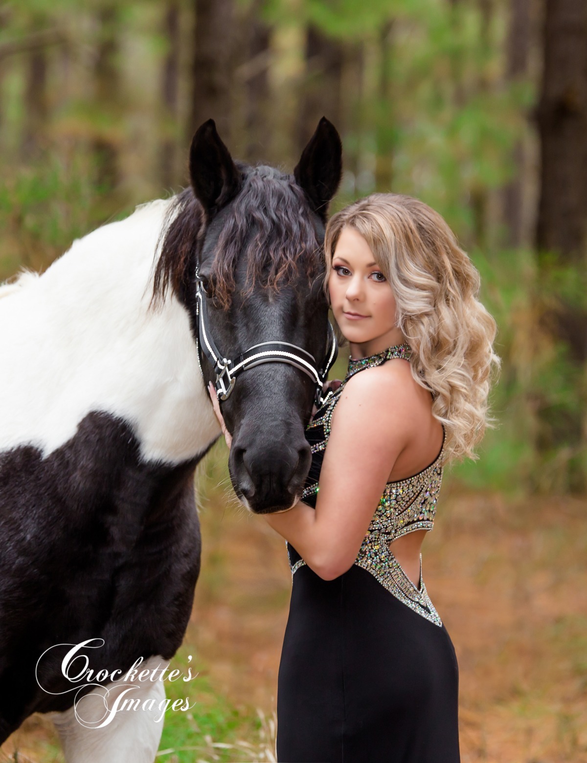 Senior girl photo with her horse in the pine trees