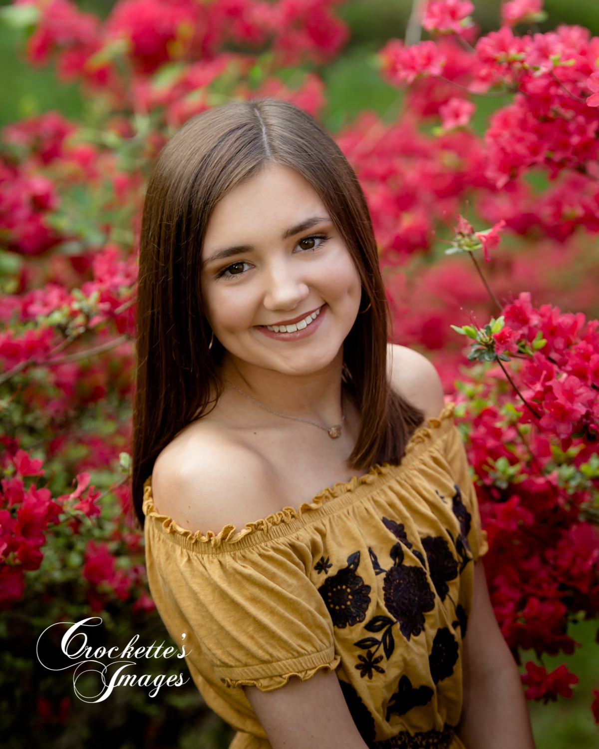 Precious spring senior girl photo surrounded by red azalea flowers