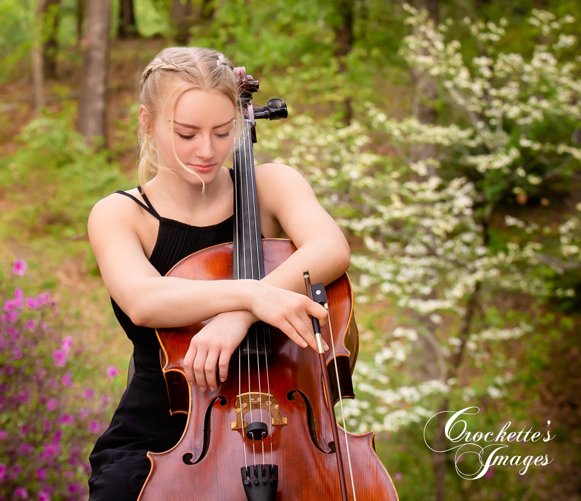Classy elegant senior photos with cello surrounded by flowers