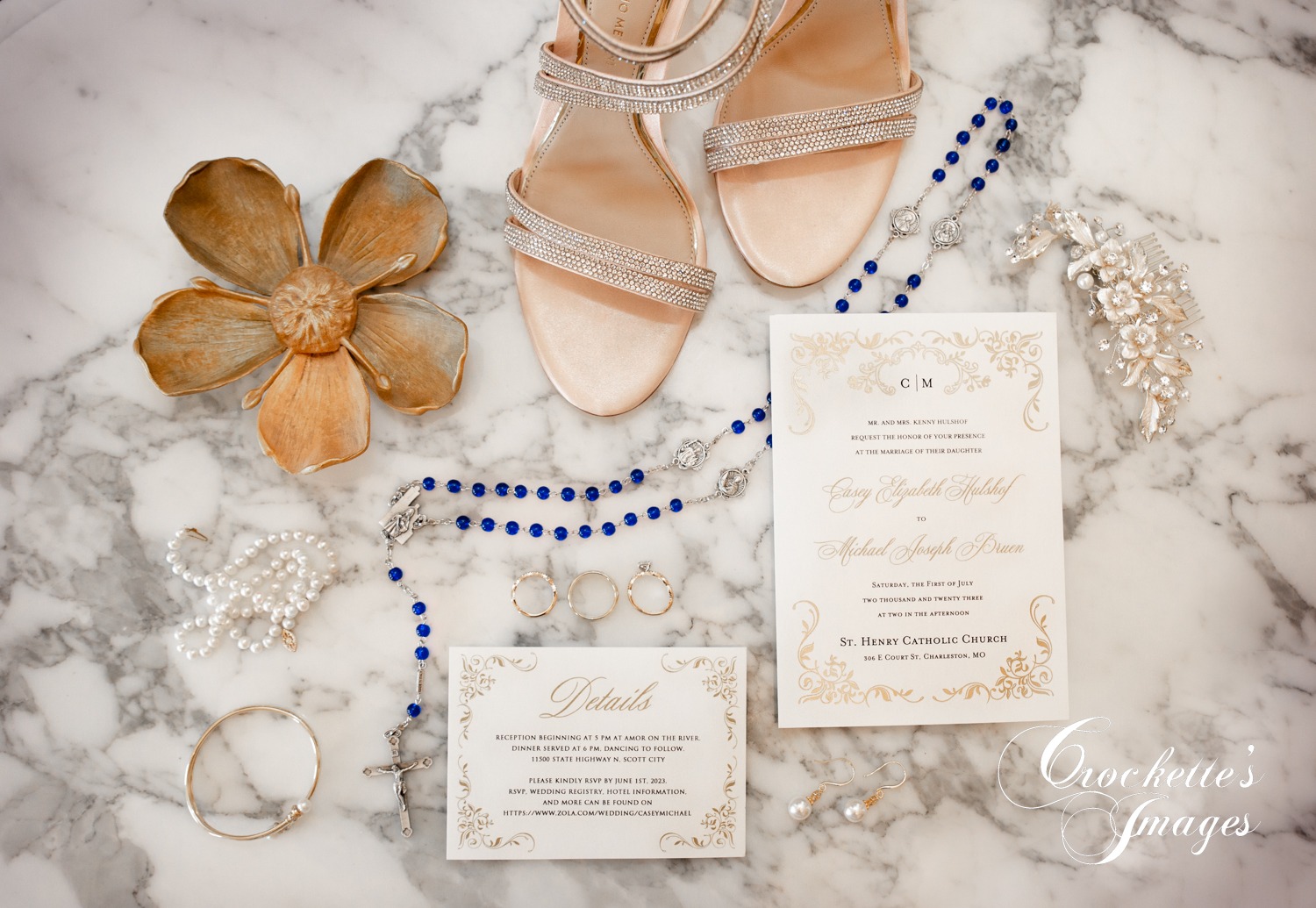 Wedding Details Photos with Catholic Rosary, jewelry, shoes, and invitations