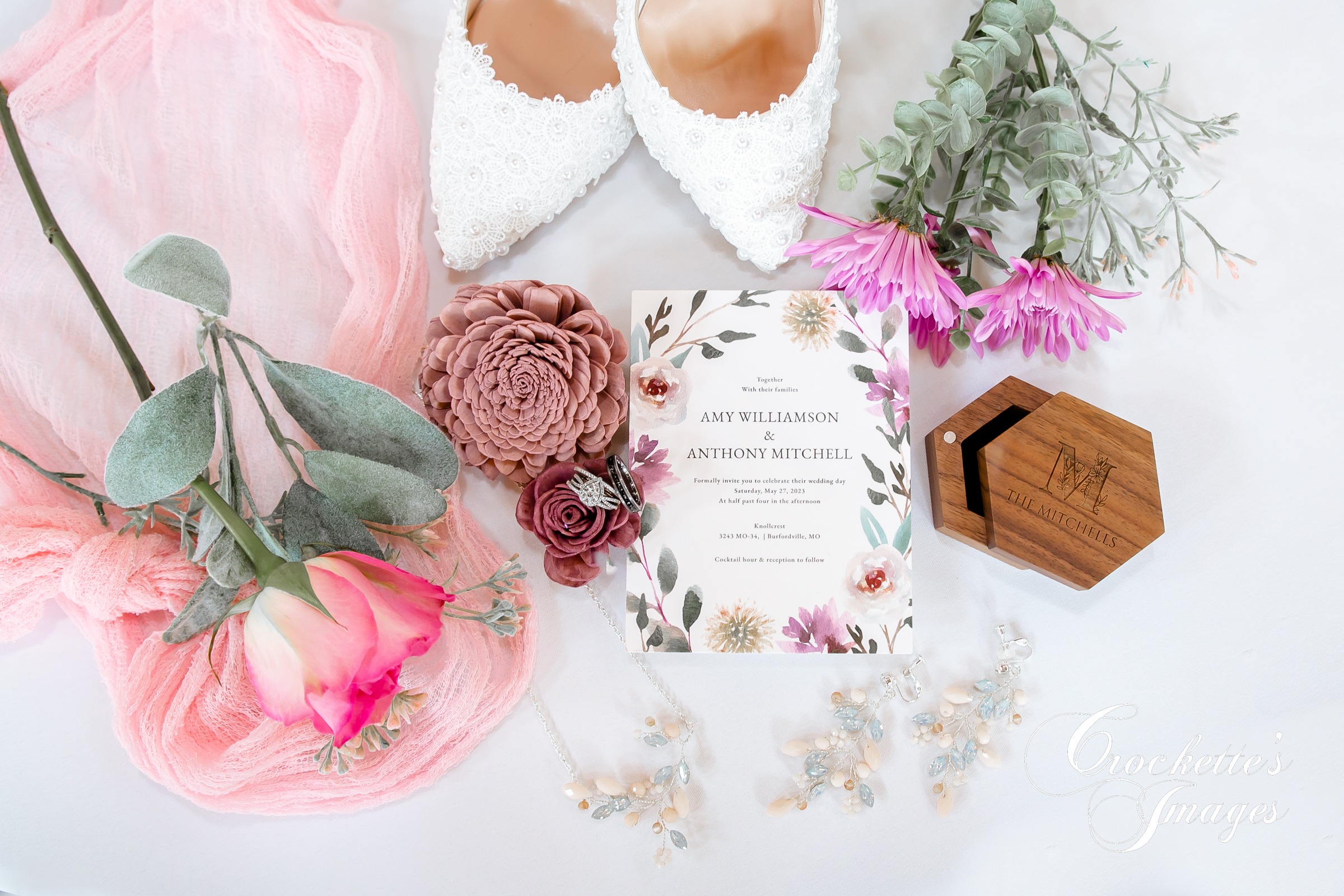 Wedding Details Photos with lose floras, jewelry, shoes, and invitations