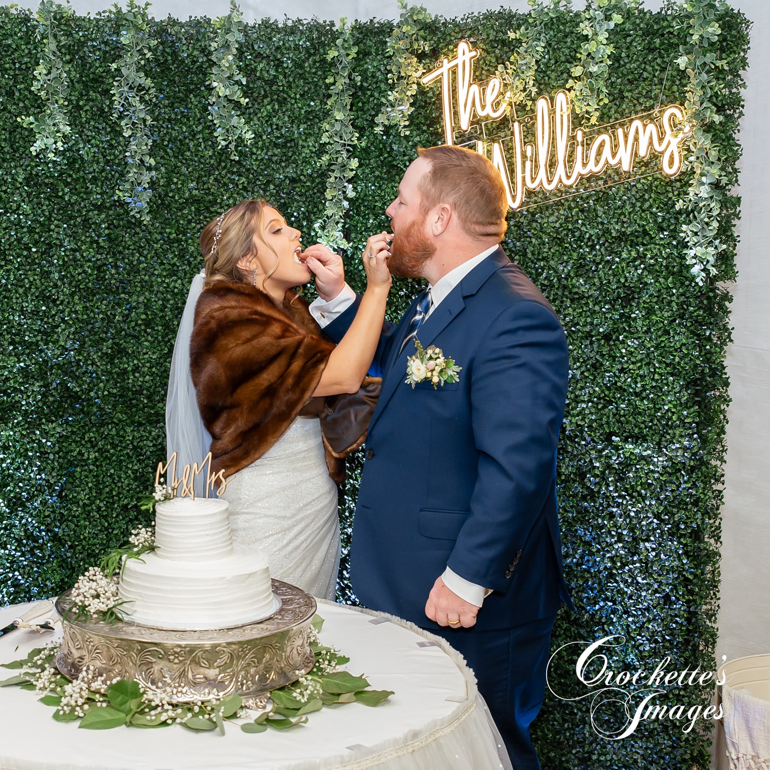 Cake Cutting Photos, Wedding Cake, Reception Photos, Greenery Backdrop, Cake Topper, Fur Coat