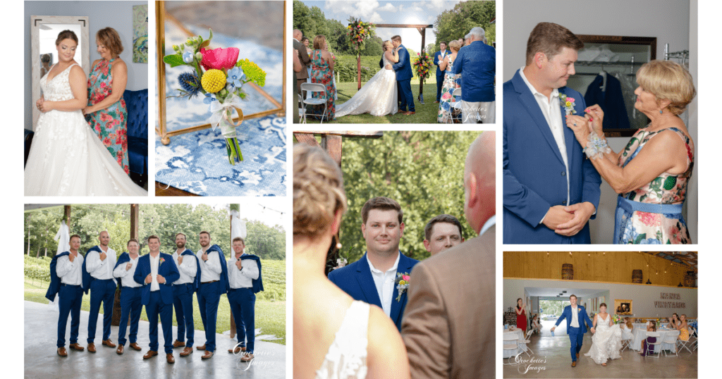 7 reasons Why You Should Invest in Hiring a Professional Wedding Photographer 3 A wedding collage showcasing a beautiful vineyard with scenic countryside views, intimate moments of the bride and groom’s love, and their grand entrance surrounded by friends and family.