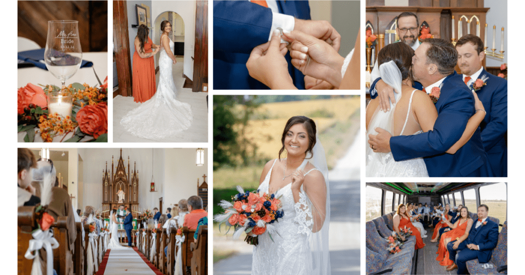 7 reasons Why You Should Invest in Hiring a Professional Wedding Photographer 5 A wedding collage featuring the bride getting ready, the ceremony in a church, the couple’s kiss, a joyful bouquet portrait, and the wedding party celebrating on a bus.