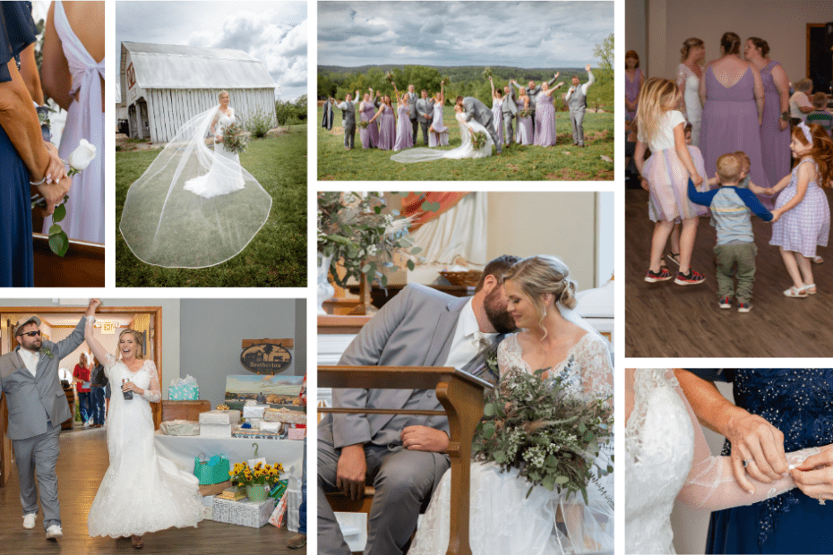 Wedding photo collage of a summer country wedding where each special moment is documented perfectly at the church, on the farm, and at the reception.