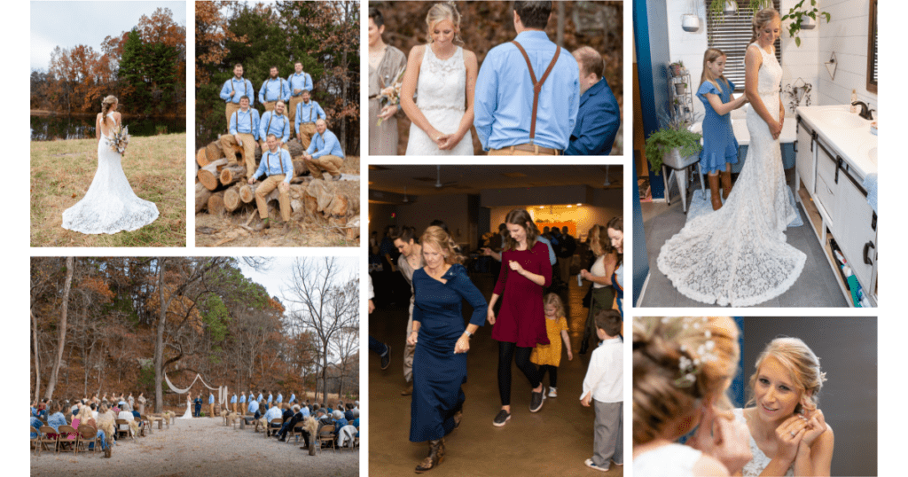 7 reasons Why You Should Invest in Hiring a Professional Wedding Photographer 8 A collage of wedding moments including the bride by a lake, groomsmen on logs, ceremony prayer, getting ready, outdoor vows, dancing at the reception, and a sweet moment with a flower girl.