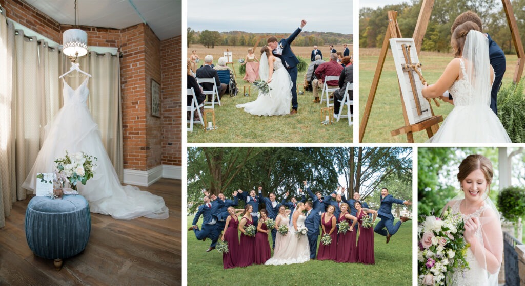 7 reasons Why You Should Invest in Hiring a Professional Wedding Photographer 9 Wedding photo collage featuring a unity braid ceremony, a cheering bridal party, a detailed shot of a beautiful wedding dress, and a groom joyfully kissing his new bride.