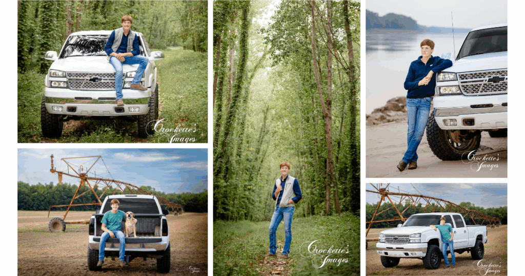 Spring senior boy session on the farm, posing with his truck. 