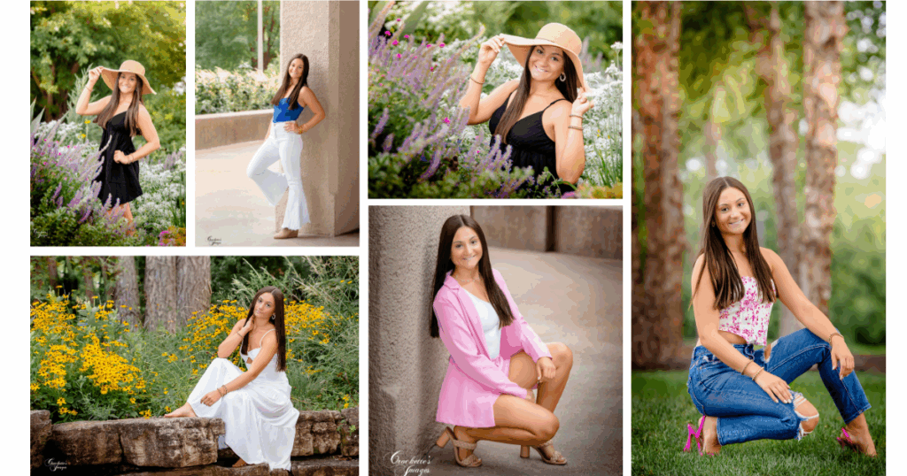 Photo collage of a girl's senior session that showcases her personality through various styles, poses, locations, and outfit choices. 