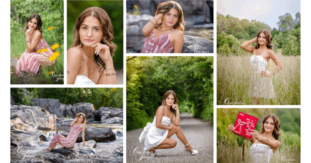 Summer senior session collage with flowers, streams, and grassy fields. 
