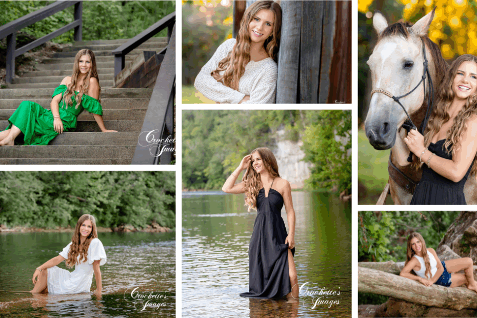 Senior photo collage to showcase different outfit examples for a girl's senior photos.