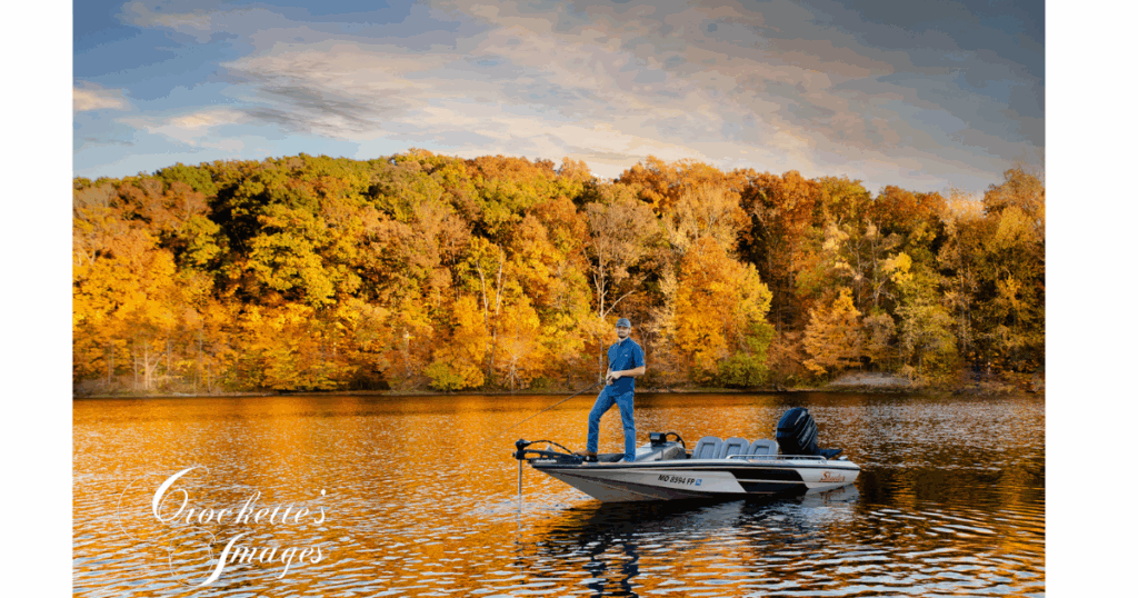 Boy senior photo at a lake while he is fishing. The photo visually tells his story through creative props and a meaningful location. 