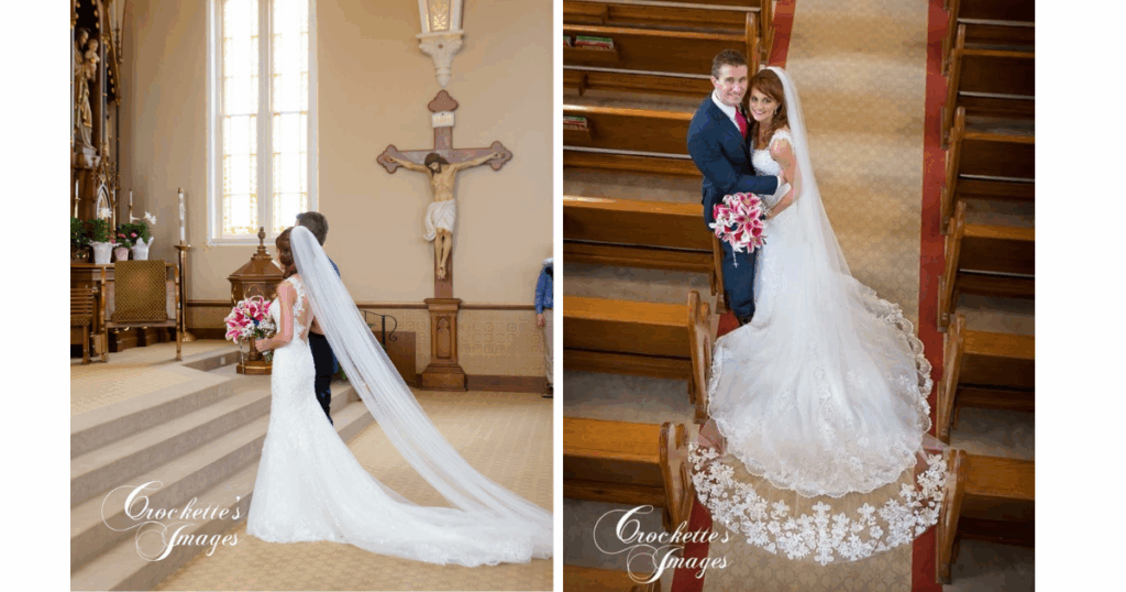 A beautiful church wedding showcasing the bride's long, cathedral veil. 