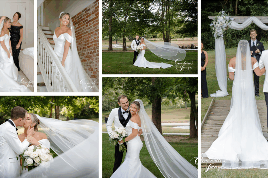 Summer wedding photo collage with photos getting ready and outdoors after the wedding the bride and groom.