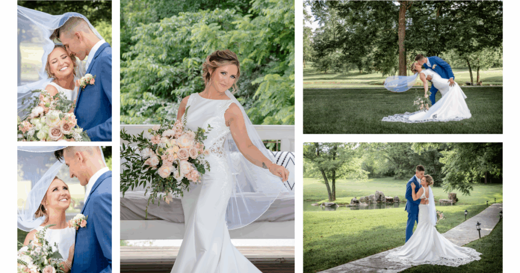 Summer wedding photo collection highlighting veil poses and photo ideas.
