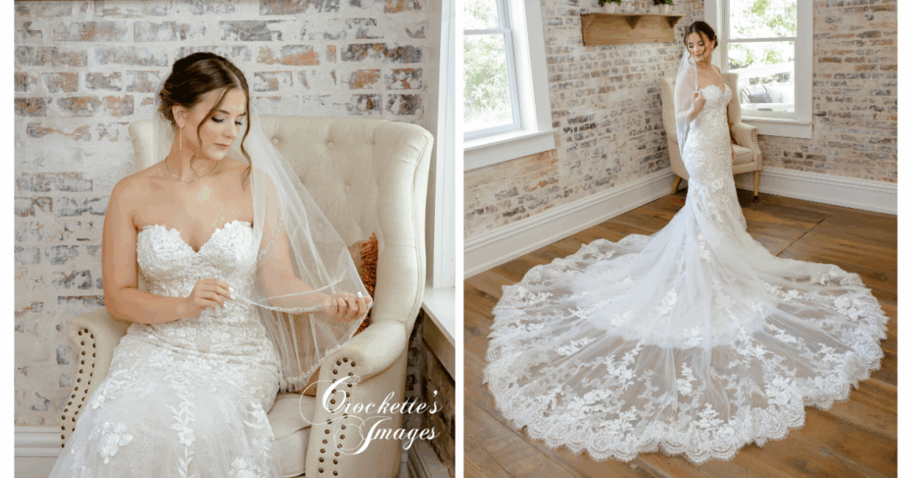 Beautiful bride posing with her lacy dress and veil, creating a seductive and intimate feel to the image.