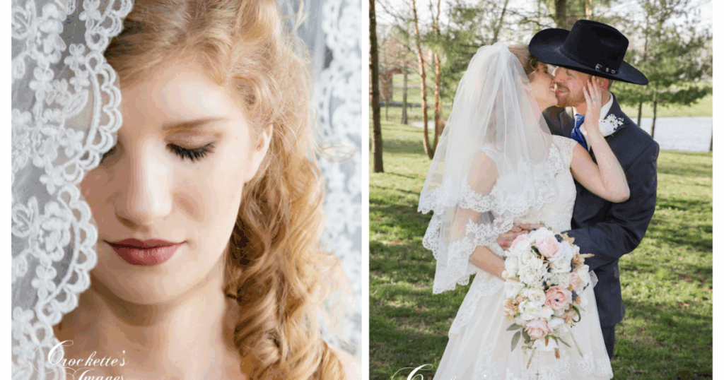 Classic bride featuring lace on her veil and dress. 