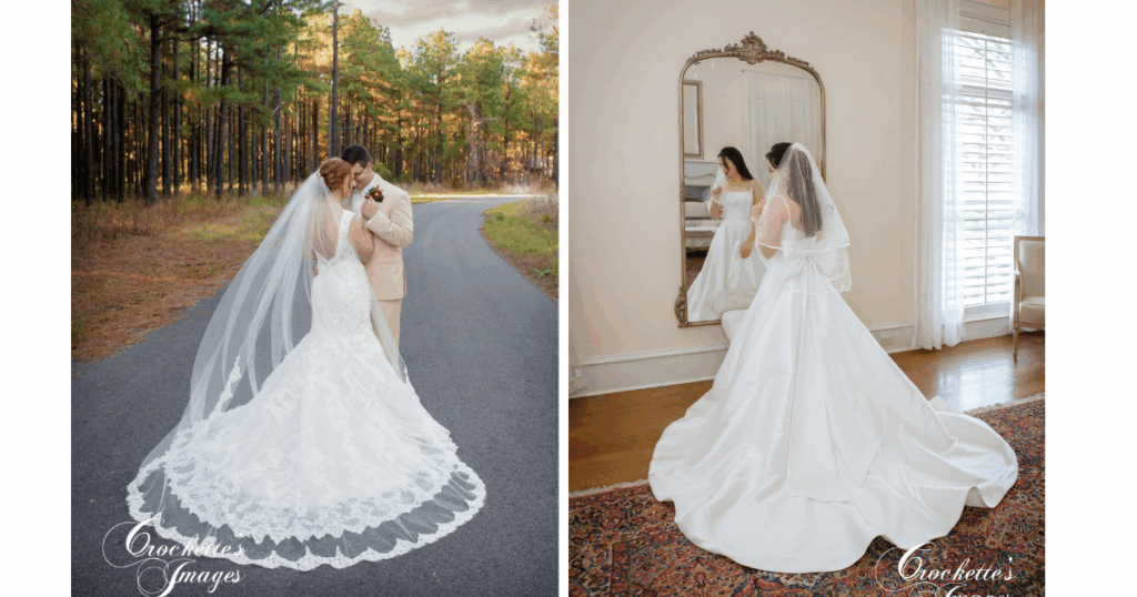 Bridal photos highlighting the classic veil, comparing long to mid-length veils. 