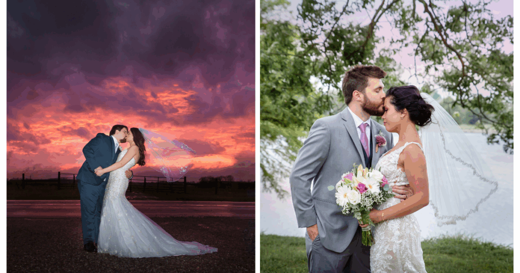 Bride and groom pose for powerful sunset photos.