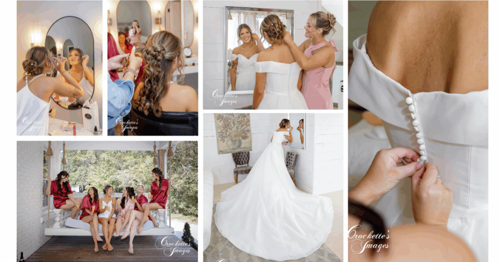 Wedding photo collage of the exciting moments before the ceremony as the bride gets ready with her closest friends and bridesmaids.
