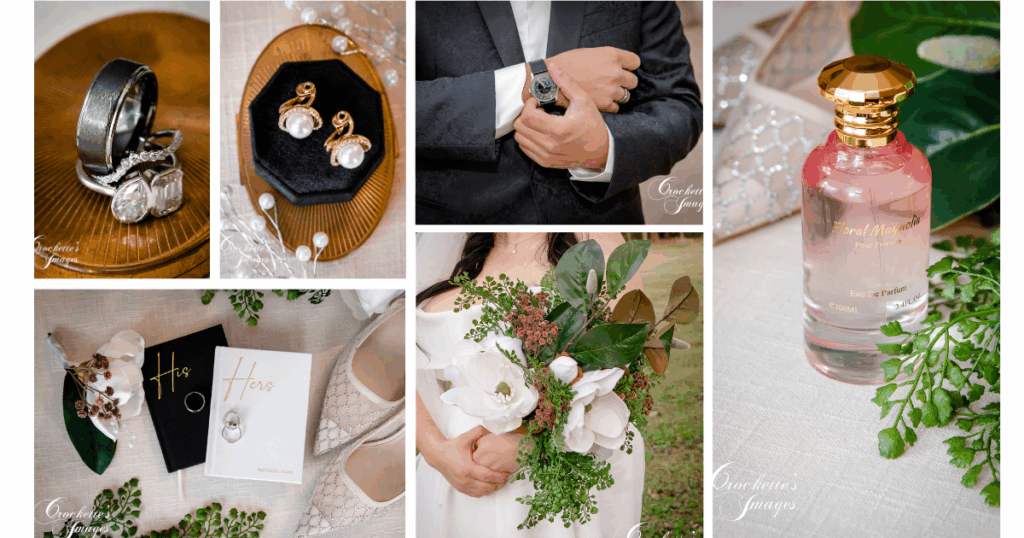Image collage of wedding details, including pearl jewelry, flowers, perfume, vow books, and groom watch. 