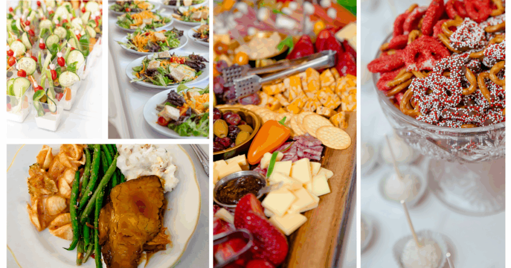 Photo collage of wedding food ranging from dinner, salads, and desserts. 