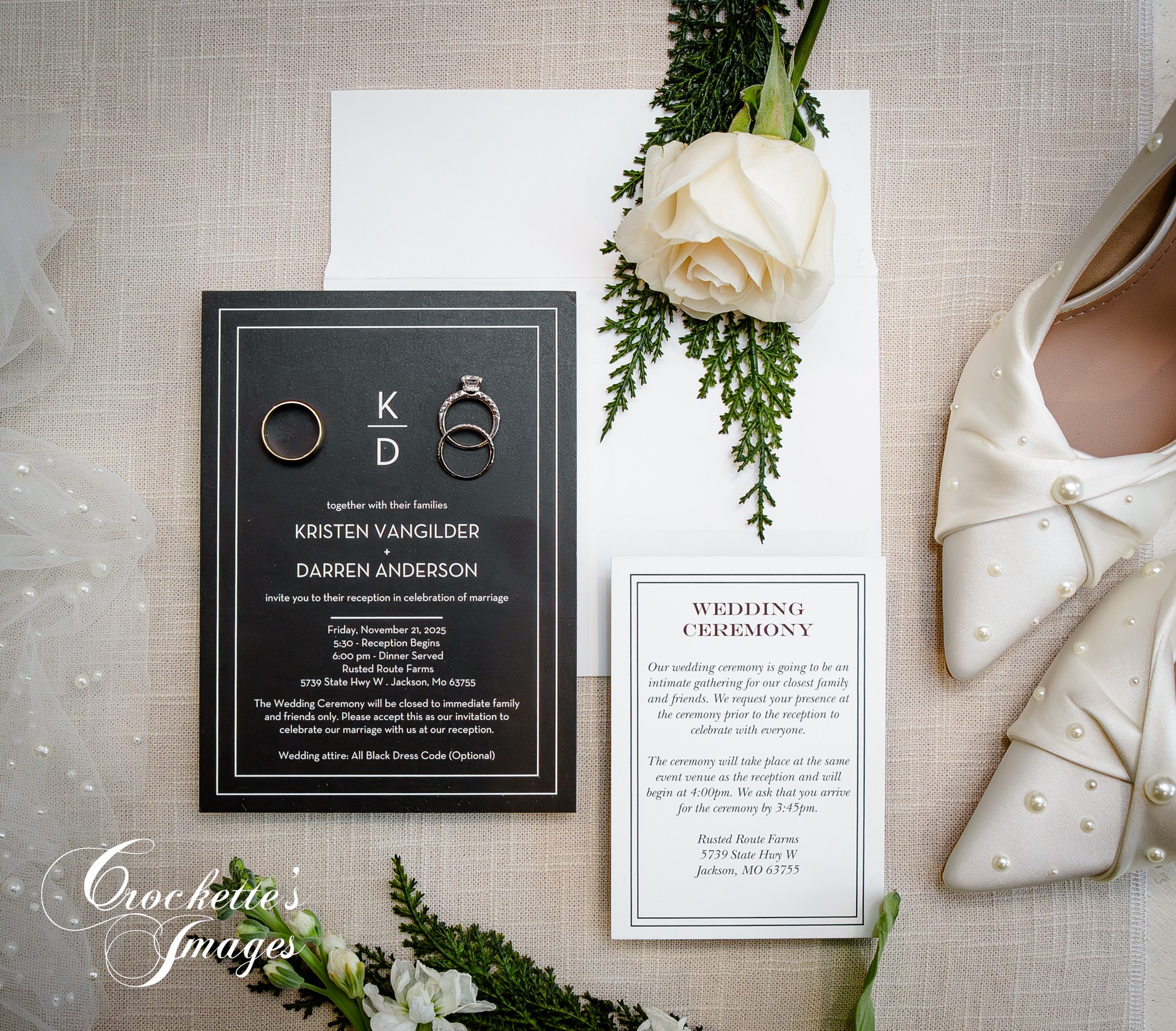 Wedding invitation detail photo with shoes and veil from Crockette's Images