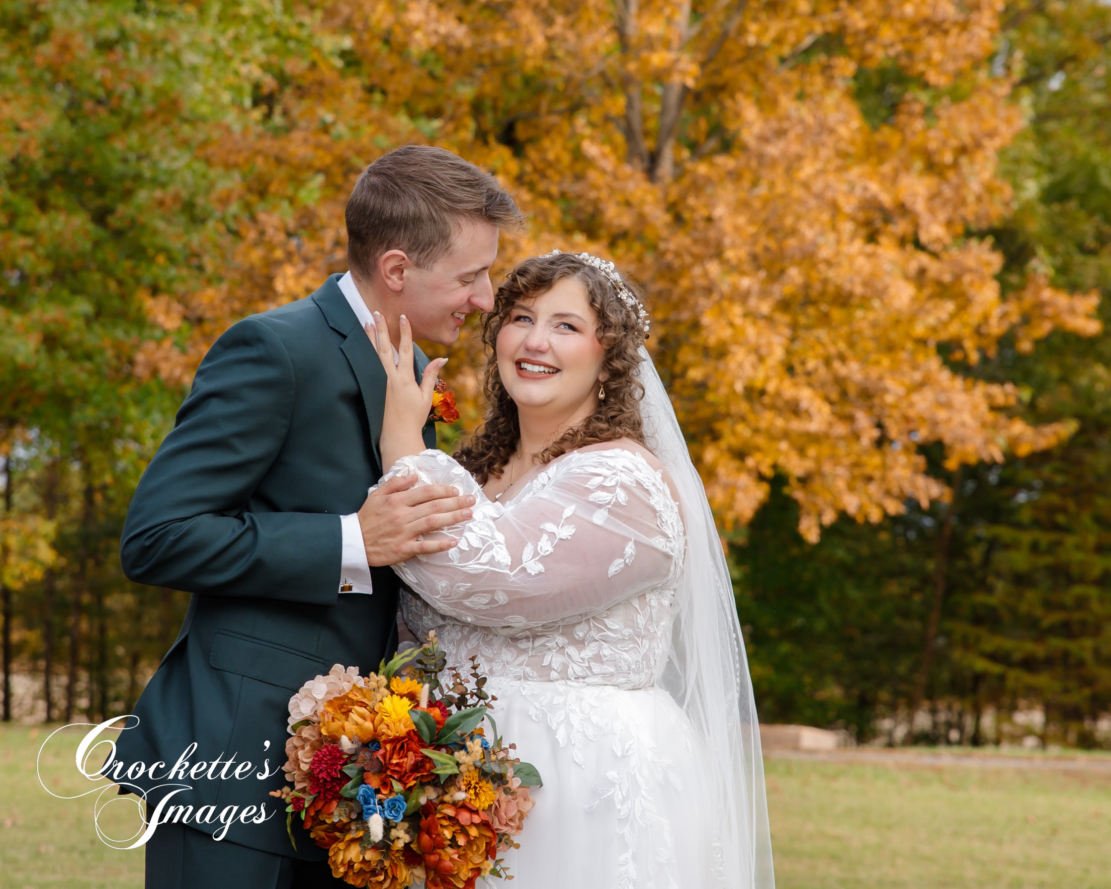 Bride & Groom laughing at their fall wedding with Crockette's Images at Sweet Pecan Farms