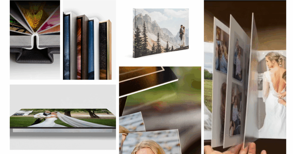 Collage showcasing premium photo products offered by Crockettes Images, including photo albums, framed canvases, metal prints, and so much more. 