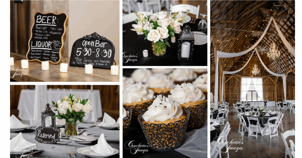 Photo collage of wedding decor including cupcakes, reception table decorations, and wedding venue reception hall with a black and white color theme. 