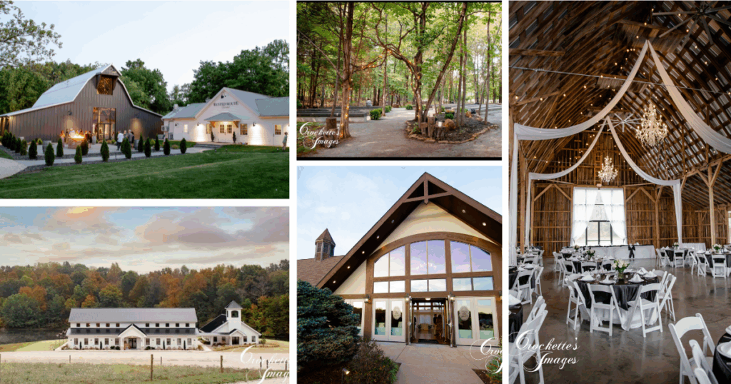 Photo collage of different wedding venues with a mix of indoor and outdoor options. 