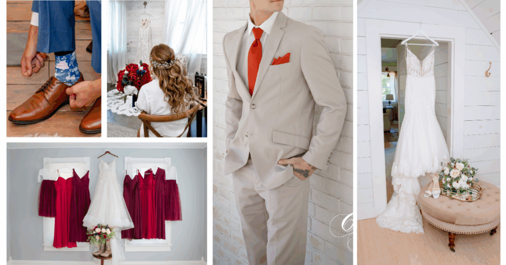 Photo collage of wedding attire from shoes to dresses to showcase variety.