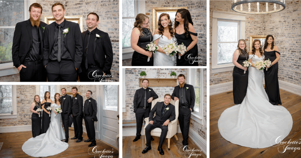 Photo collage of a small wedding party, with just the girls, just the boys, and all of the wedding party together with the bride and groom.