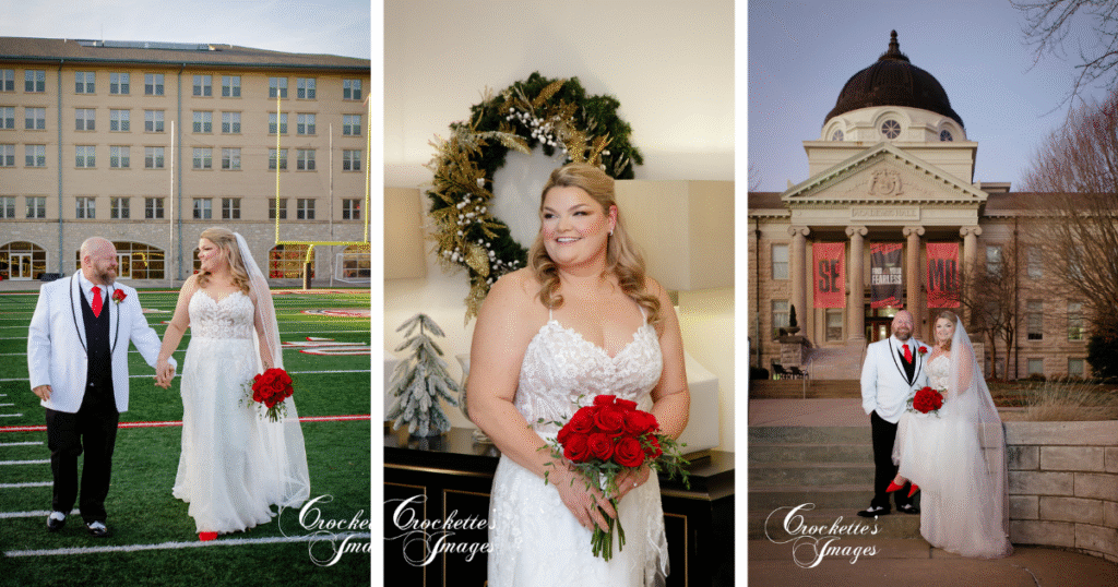 How to Pose With Your Bridal Bouquet for Timeless Wedding Photos You’ll Love Forever 8 Photo collage of bride and groom posing for their wedding photos at Southeast Missouri State University.