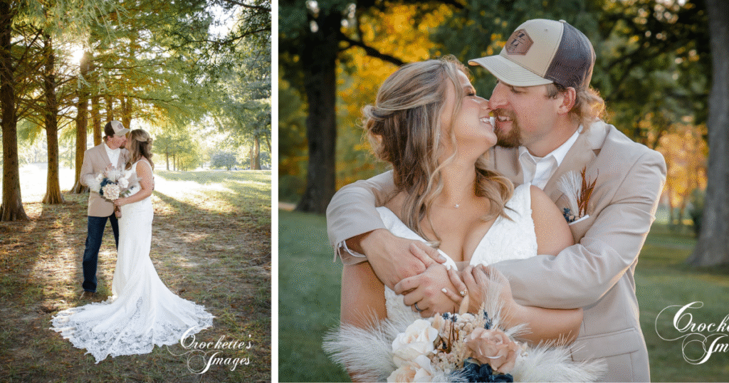 How to Pose With Your Bridal Bouquet for Timeless Wedding Photos You’ll Love Forever 16 Fall wedding collage of bride and groom posing outside in the sun.