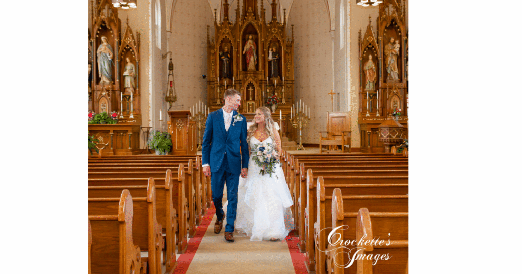 How to Pose With Your Bridal Bouquet for Timeless Wedding Photos You’ll Love Forever 12 Bride and groom walking down the aisle of their church after their wedding ceremony.
