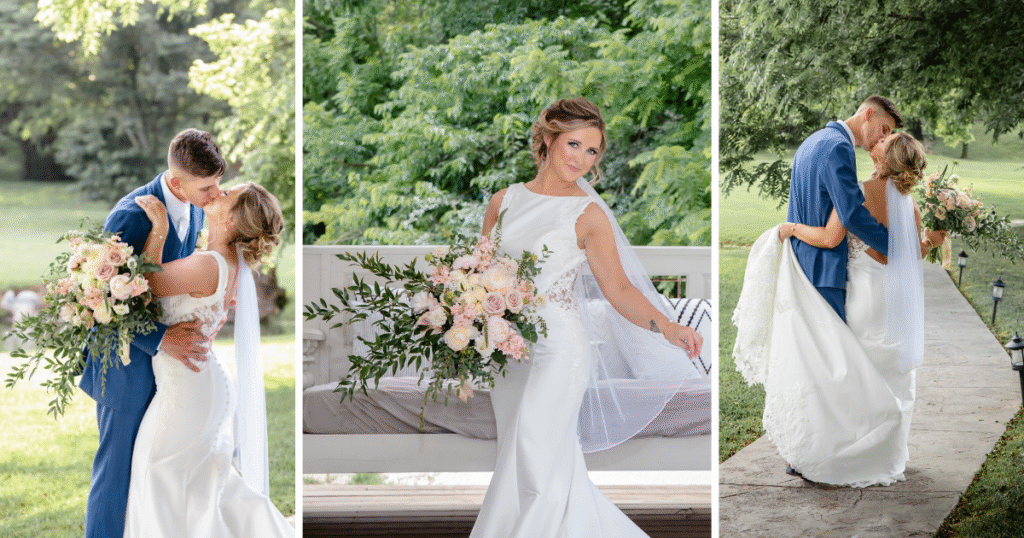 How to Pose With Your Bridal Bouquet for Timeless Wedding Photos You’ll Love Forever 2 Bride and groom posing outside with a path and green grass in the background during summer.
