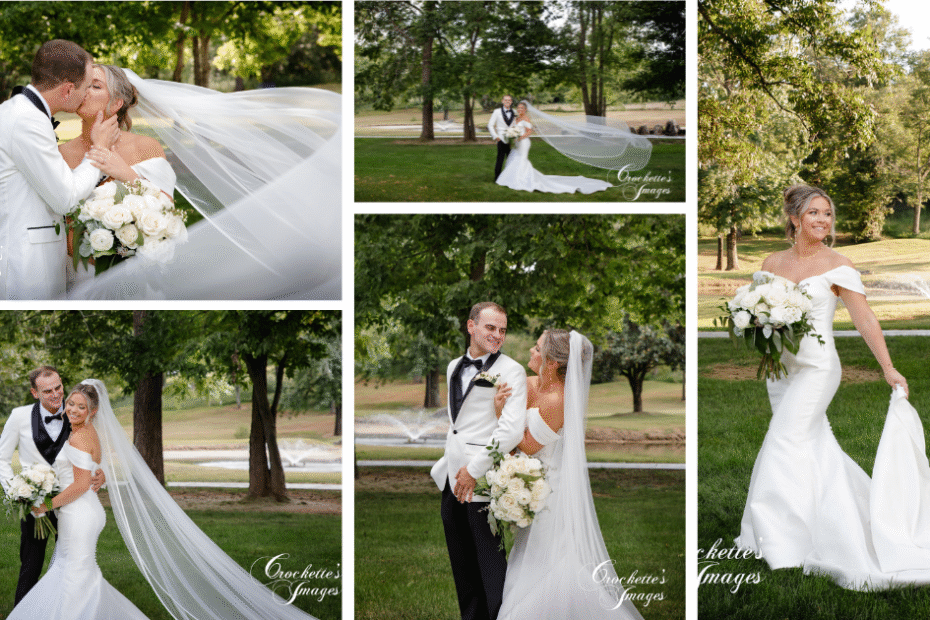 Wedding photo collection of bride and groom posing outside.