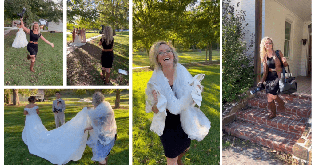 Collection of images showing a wedding photographer smiling and laughing while capturing moments throughout a wedding day.