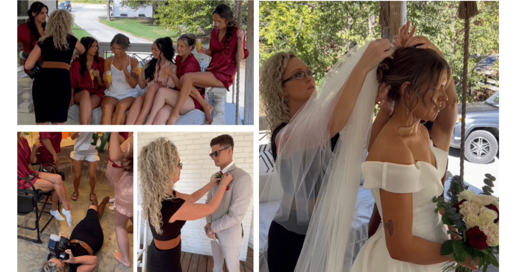Collection of images showing a wedding photographer guiding the bride, groom, and wedding party as they pose and prepare for portraits.