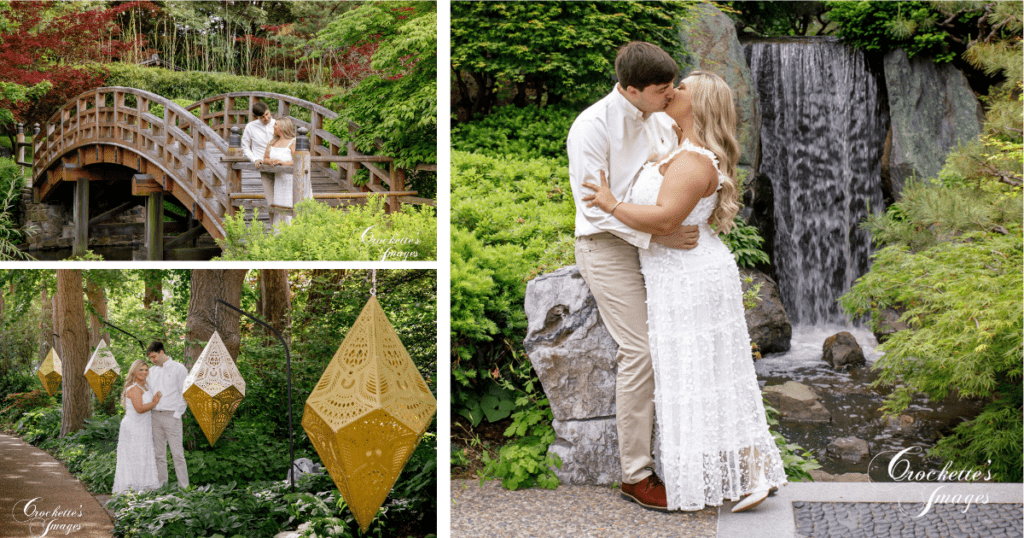 Photo collage of a couple's engagement session in a beautiful, flowering garden.