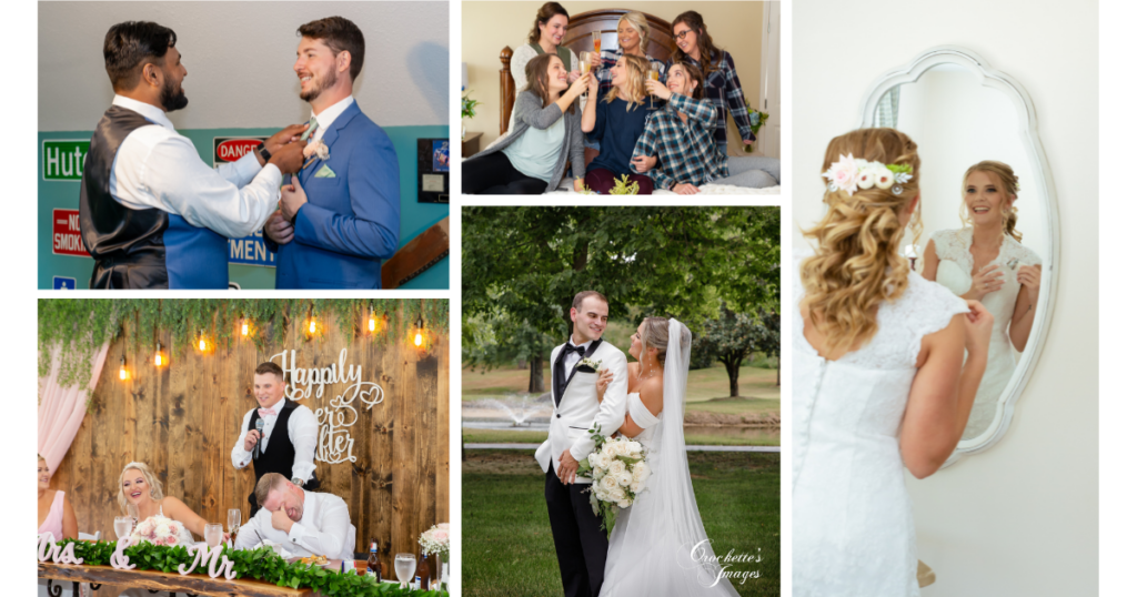 Collection of wedding photos highlighting the joy felt throughout the day while getting ready, after the ceremony, and during the speeches at the reception. 