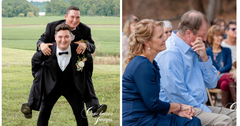 Brothers have fun posing for their photo playing piggy back and proud parents shed tears of joy as their son gets married.