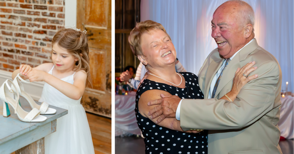 Candid moments captured on wedding from the flower girl playing with the bride's shoes to smiling grandparents on the dance floor. 