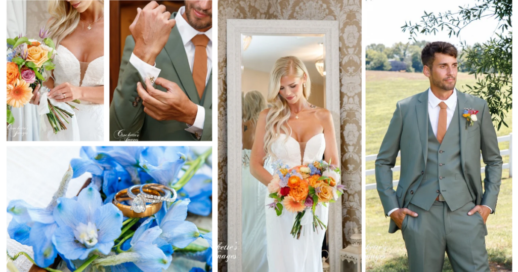 The Best Odd Little Tips to Keep You Comfy on Your Wedding Day 2 Photo collage capturing the bride and groom getting ready separately before their wedding ceremony, featuring candid moments and wedding-day details.