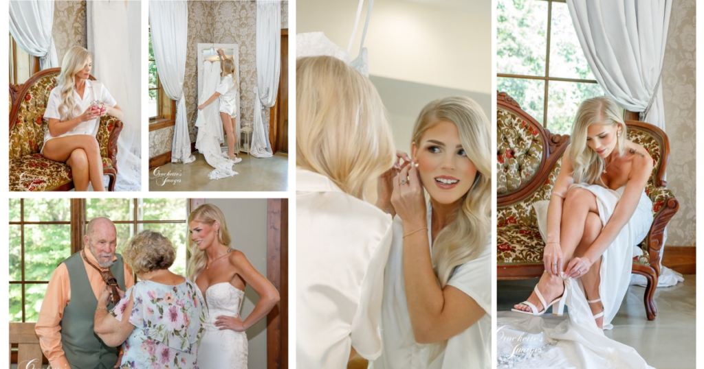 The Best Odd Little Tips to Keep You Comfy on Your Wedding Day 4 Collage of bride getting ready for her wedding ceremony.