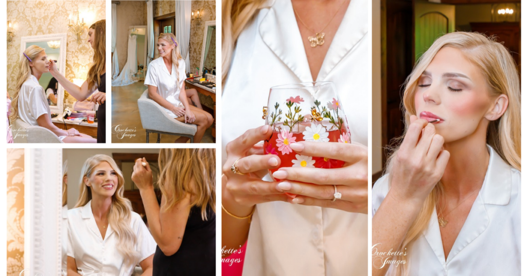 The Best Odd Little Tips to Keep You Comfy on Your Wedding Day 7 Photo collage of a bride getting her hair and make-up done before her wedding ceremony.