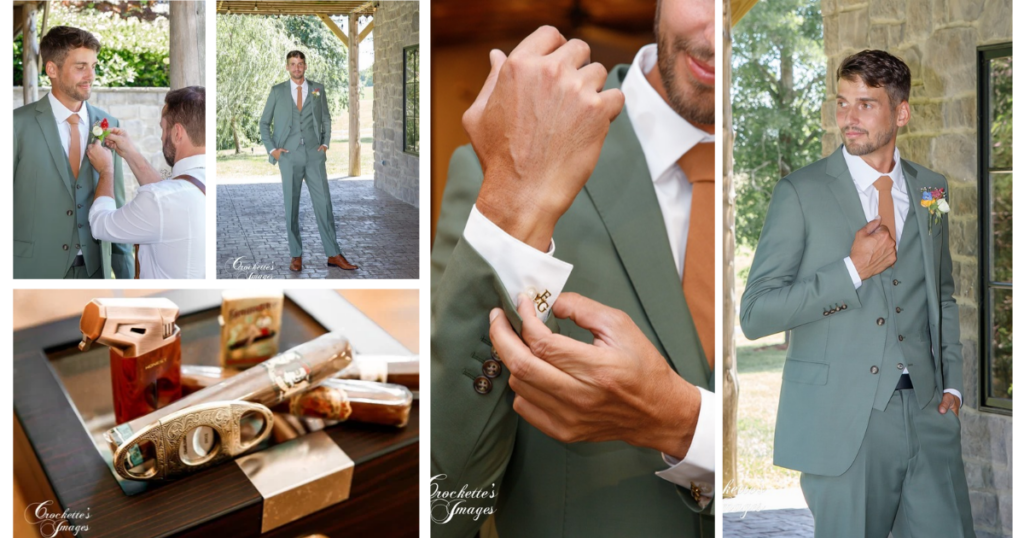The Best Odd Little Tips to Keep You Comfy on Your Wedding Day 8 Photo collage of the groom getting ready for his wedding ceremony, featuring candid moments, wedding attire, and meaningful details from the day.